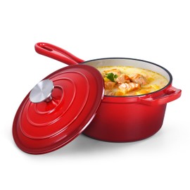 HaSteeL 3 QT Cast Iron Saucepan, Enamel dutch oven with lid, Small Non Stick Pan for Milk, Pasta Tomato Sauce, Butter, Breakfast, Soup, Suitable for Boiling Stewing Frying, Easy to Clean, Red