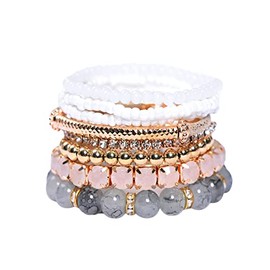 COLORFUL BLING Multilayer Bohemian Stretch Seed Beaded Bracelets for Women Stacking Strand Statement Jewelry Boho Bracelet Set-white