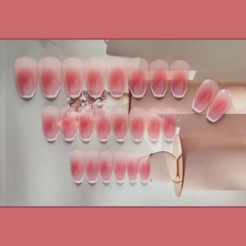 Crymystal Square Press on Nails Pink Gradient French Medium Full Cover Fake Nails Sequins Design Artificial Acrylic False Nails for Women DIY Autumn And Winter Nail Decorations 24PCS