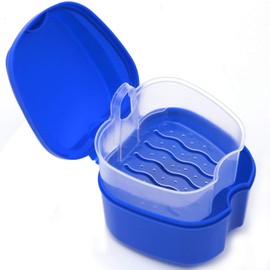 Denture Case, Denture Cup with Strainer, Coolrunner Denture Bath Box False Teeth Storage Box with Basket Net Container Holder for Travel, Retainer Cleaning (Blue) (Dark Blue)