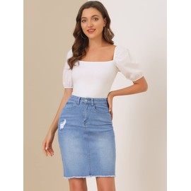 Allegra K Women's Basic Distressed High Waist Ripped Hem Washed Jeans Denim Skirt Large Sky Blue