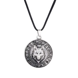 PikaLF Wolf Necklace for Men, Nordic Viking Wolf Head Pendant Necklace with 23.6 Inch Chain, Viking Runes Coin Wolf Amulet Necklace, Retro Wolf Totem Necklace, Stainless Steel