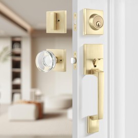 Leydebong Keyed Different Crystal Glass Entry Door Knob and Single Cylinder Deadbolt Lock and Key, Brass Front Door Lock - Heavy Duty Gold Locking Lever Set - Exterior Door Lock