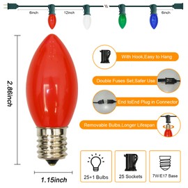 C9 Multicolor LED Christmas Light 25Ft Outdoor String Lights with 26 Ceramic LED Bulbs(1 Spare), Connectable Vintage Christmas String Lights for Holiday Wedding Party Garden Home Decor, Green Wire