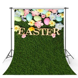 MEHOFOTO Happy Easter Photo Studio Booth Background Banner Spring Green Lawn Colorful Flowers Eggs Wallpaper Backdrops Props for Photography 5x7ft