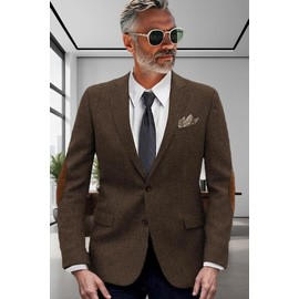 VENNYNG Herringbone Men's Tweed Sport Coat Jacket with Elbow Path Single Blazer for Wedding Evening Party Dark Blue