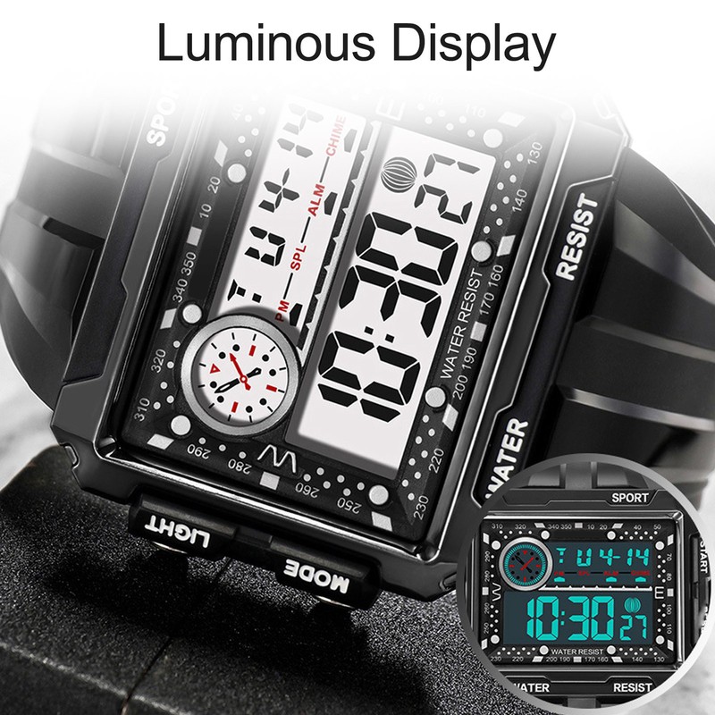Men Rectangle Digital Sports Watch Night Light Rectangle Display Waterproof