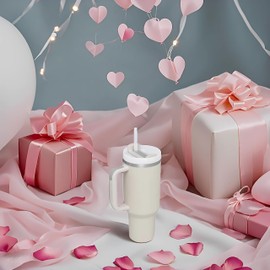 Hill Family NEW Insulated Stainless Steel 40 oz Tumbler Cup with Handle, Straw, Straw Cover, Cleaning Kit, Keeps Drinks Cold for Hours (Dune)