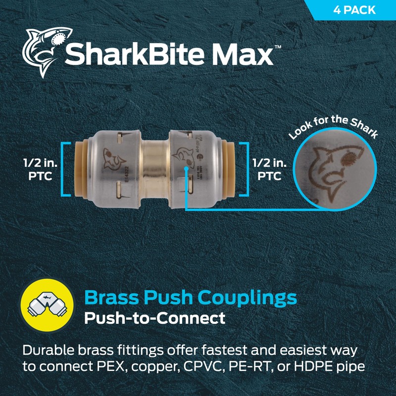 SharkBite Max 1/2 Inch Coupling, Pack of 4, Push to