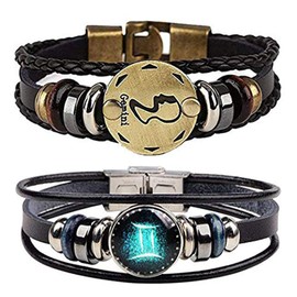NIGHTCRUZ Constellation Braided Rope Bracelet - Punk Alloy Leather Bracelet - Hand Woven Braided Rope Bracelet Punk Chain Cuff 2 PCS (Gemini)