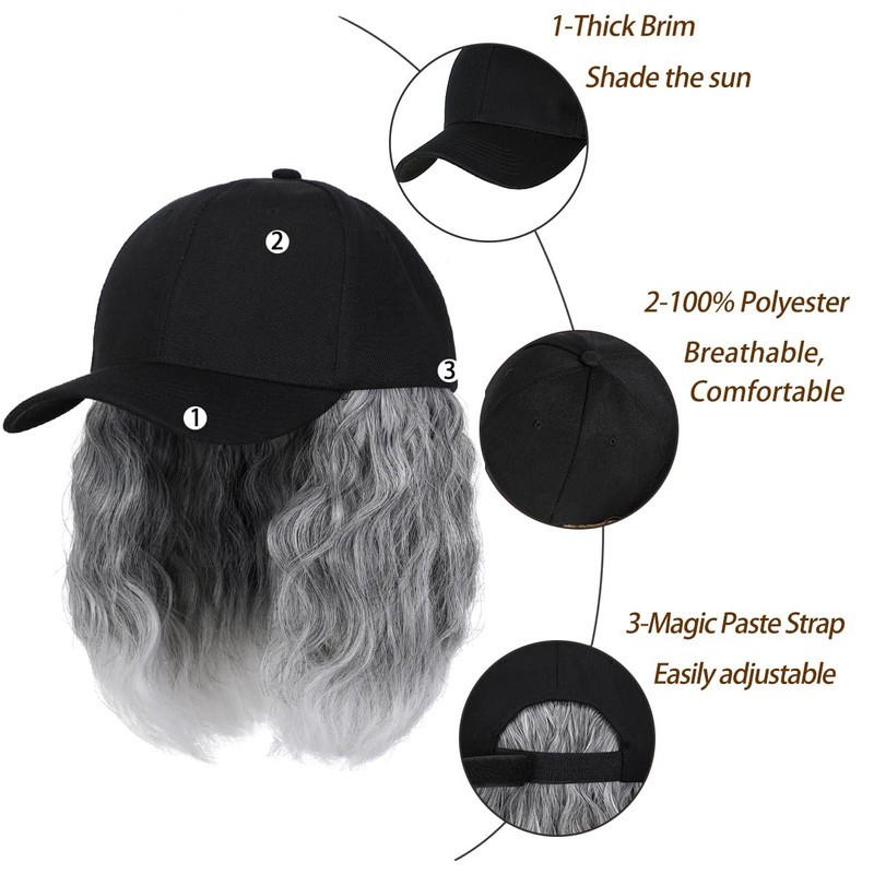 Qlenkay Baseball Cap with Hair Extensions 14inch Wavy Curly Bob