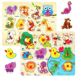 Pack of 2 Wooden Puzzle Peg Puzzles from 1 2 3 Years, Grabbing Puzzle Wooden Toy, Montessori Learning Toy for Baby Children Boys Girls with Non-Slip Wooden Buttons, Farm, Jungle Animals Motifs Gifts