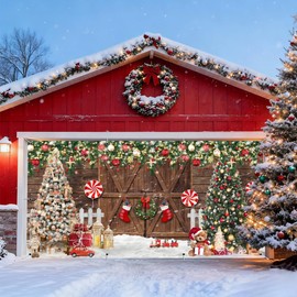 Christmas Garage Door Cover Decorations 7x16ft Large Barn Door Banner Christmas Garage Door Banner Candy Xmas Tree Winter Snow Background Hoilday Outdoor Wall Decor
