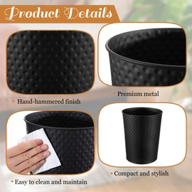 Suclain 2 Pcs Small Bathroom Trash Can—Small Black Metal Trash Can, Mini Copper Decorative Garbage Can 6 Liters, Handcrafted Hammered Round Wastebasket for Bathroom Bedroom Kitchen Office