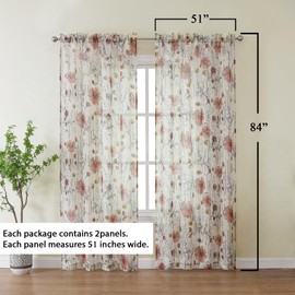 OWENIE Crushed Voile Sheer Curtains 84 Inch Length 2 Panels Set, Vintage Floral Printing Drapes on Sheers for Bedroom, Rod Pocket Light Filtering Window Sheers, No Ironing Needed (2 Panels, 51" x 84")