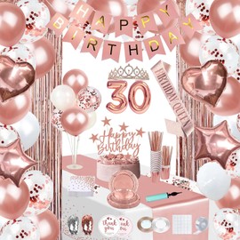 255 Pcs Birthday Decorations for Women, Rose Gold Party Decorations for Women, Party Decoration Supplies, Tableware Kit, Banner, Tassel Curtain, for 25 Guests（30th）
