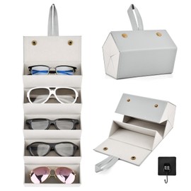 5 Slots Travel Sunglasses Organizer for Women Men, Foldable Travel Sunglass Case With Hook, Portable Glasses Storage Box, PU Leather Glasses Hanging Display Box for Home Travel(Grey)