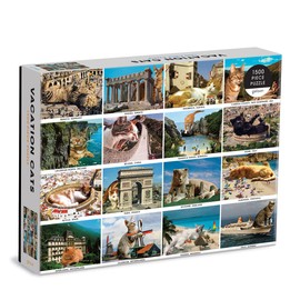 Vacation Cats 1500 Piece Puzzle from Galison - Features 16 Super-Imposed Photos of Cats Enjoying Some of The World's Most Famous Locations and Landmarks, 27" x 20", Great Gift Idea for Cat Lovers