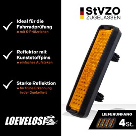 LOEVELOSI 4 x Orange Pedal Reflectors Set, StVZO-approved, Easy Assembly, Robust Plastic, for Standard Bicycle Pedals, Rear Reflectors and Light Clips for Retrofitting