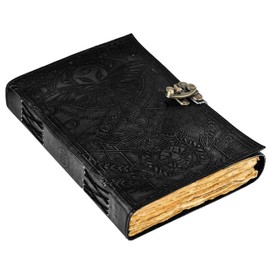 Blank Spell Book of Shadows Journal with Lock Clasp Vintage Handmade Leather Luna Moths and Morpho Butterfly Embossed Diary Prayer Pagan Witchcraft Supplies Wiccan Decor Notebook Daily (10X7 inch)