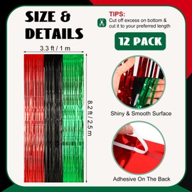 Wavwavw 12 Pcs Juneteenth Decorations Red Black Green Foil Fringe Curtain Backdrop 100 x 39 Inch Metallic Foil Fringe Tinsel Decor African American Decorations for Party Photo Props
