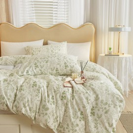 EAVD Fresh Green Floral Comforter Set King White Fluffy Soft Microfiber Chic Garden Floral Bedding King Bed Comforter and 2 Pillowcases Reversible Vintage Botanical Comforter Set for All-Season