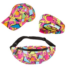80s 90s Neon Fanny Pack Retro Waist Belt Packs Casual Waist Bag For Men Women And Baseball Caps 3D Print Hats 80s Vintage Hat Adjustable Unisex Caps For Travel Party Festival Hiking Cycling. 2 Pack,