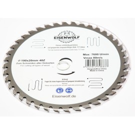 190 x 20 mm premium saw blade, circular saw blade for wood with 40 tilted TCT teeth and laser cuts for noise reduction