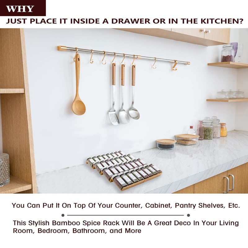 Angimio Bamboo Spice Rack Drawer Organizer - 8 Pieces Set-