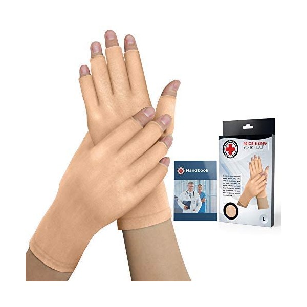 Doctor Developed Nude Arthritis Gloves/Skin Gloves and Doctor Written Handbook - Soft with Mild Compression, for Arthritis, Raynauds Disease & Carpal Tunnel (Open-fingertips, Medium)
