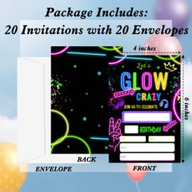 Gsauto Let's Glow Crazy Birthday Invitations, 20 Invitation Cards with Envelopes, Retro Neon Theme Invites for Party Decorations Favor Supplies - A27