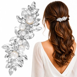 Rhinestone Hair Clip with Pearl, Sparkly Crystal Barrette for Women