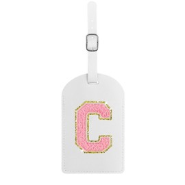 Fodofodo Initial Luggage Tag,Letter Luggage Tag,PU Leather Luggage Tags for Travel Bag Suitcases,Privacy Cover ID Label and Address Card（C,White Leather+Pink Letter）