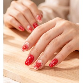 Uñas postizas cuadradas rojas con estampado floral, acrílicas, de cobertura total, adhesivas para mujer, brillantes, reutilizables, kit de 24 piezas, 