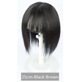 Silk Straigt Clip in Hairpiece Snythetic Topper With Bangs Extension for Women Cover Thinning Hair (25cm Black Brown)