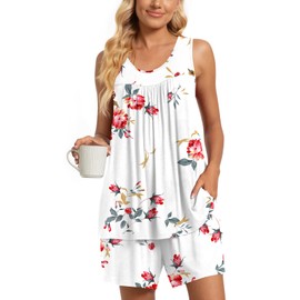 TAOHUADAO Womens Summer 2 Piece Pajama Sets, Sleeveless Pleated Tunic Tops with Comfy Shorts, Lounge Sleepwear Ladies Pjs Sets with Pockets M, Floral White
