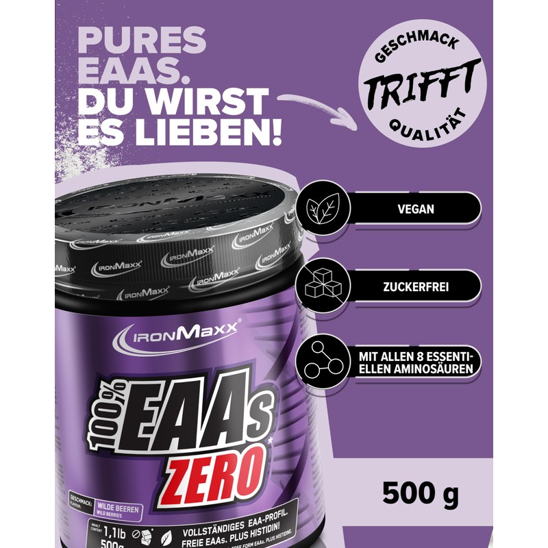 IronMaxx 100 Percent EAAs Zero Amino Acid Powder, Sugar-Free, Wildberry