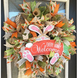 Every Bunny Welcome Carrot Deco Mesh Front Door Wreath, Spring Decor, Rabbit Decoration, Polka Dot & Plaid