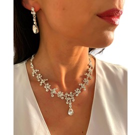 ONDEGO® 3er Set Tropfen SILBER Strass Schmuck Kette Schmuckset Armband Hochzeit Collier Halskette Brautschmuck Kommunion Ball Abiball