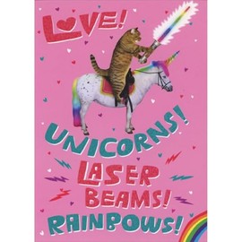 Sellers Publishing RSVP Cat on Unicorn: Love, Laser Beams and Rainbows Funny/Humorous Valentine's Day Card