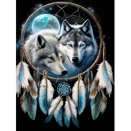 Pavemlo 5D Diamond Art Kits for Adults Dreamcatcher Wolf, Full Drill Diamond Art Animals Pictures Paint with Diamonds, DIY Cross Stitch Jewel Art Rhinestone Craft for Home Wall Decor 12x16 in