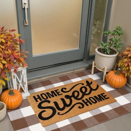 Collive Buffalo Plaid Checkered Outdoor Rug, Fall Autumn Decor Door Mat, 27.5x43 Inches Coffee and White Front Door Rug Outside Entrance, Washable Welcome Layered Doormat for Porch Entryway Patio