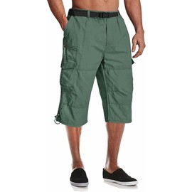 MAGCOMSEN Men's Elasticated Waist Shorts Lightweight Hiking Shorts Cotton Walking Shorts with Multi Pockets Pea Green