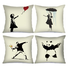 Tucocoo Banksy Art Cushion Covers Decorative 18 x 18 Inch Set of 4 Black and White Graffiti Street Pop Cushion Cover Outdoor Decorations Throw Pillows for Couch Sofa Bed Car Home Decor