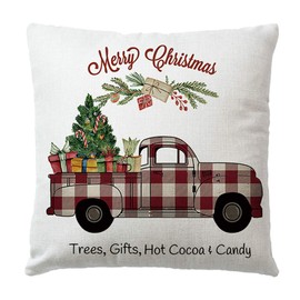 7COLORROOM Set of 2 Christmas Pillow Covers Farm Free Christmas Tree and Vintage Red Truck Farmhouse Decorative Cushion Cover Merry Christmas Pillowcases 18 x 18 Inches(Colorful Plaid)