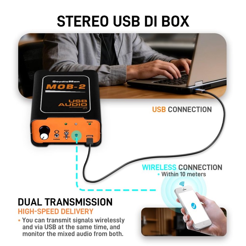 StudioMan MOB-2 Active USB Audio DI Box, 2-in-1 Direct Injection
