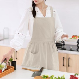 Pinknoke Cotton Linen Pinafore Apron Dress for Women with Pockets Cute Art Chef Aprons for Kitchen Baking Gardening Painting