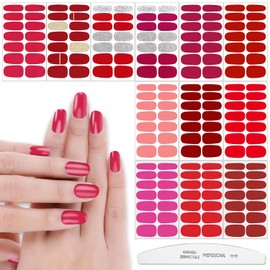 YECIRALA 12 Sheets 168 Pcs Red Solid Nail Polish Strips for Women Nails Stickers Full Nail Wraps Mix-Design Nail Polish Stickers Stick On Nails Self Adhesive Nail Decal Strips with Nail File