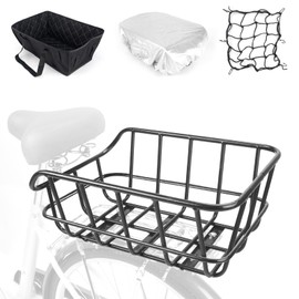 Bike Basket Rear, Bicycle Baskets for Adult Bikes, Ebike Basket with Waterproof Fabric and Inner Lining, Black, Metal