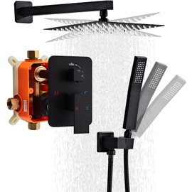 RTTWYYUU Matte Black Shower Faucet Set with Tub Spout 12 Inch, Rainfall Shower System with 4 Hooks & Upgraded Shower Valve, Square Shower Head Bathroom Luxury Rain Mixer Shower Combo Set Wall Mounted